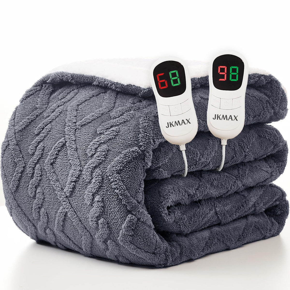 JKMAX heated blanket queen size on bed for cozy warmth and even heat distribution