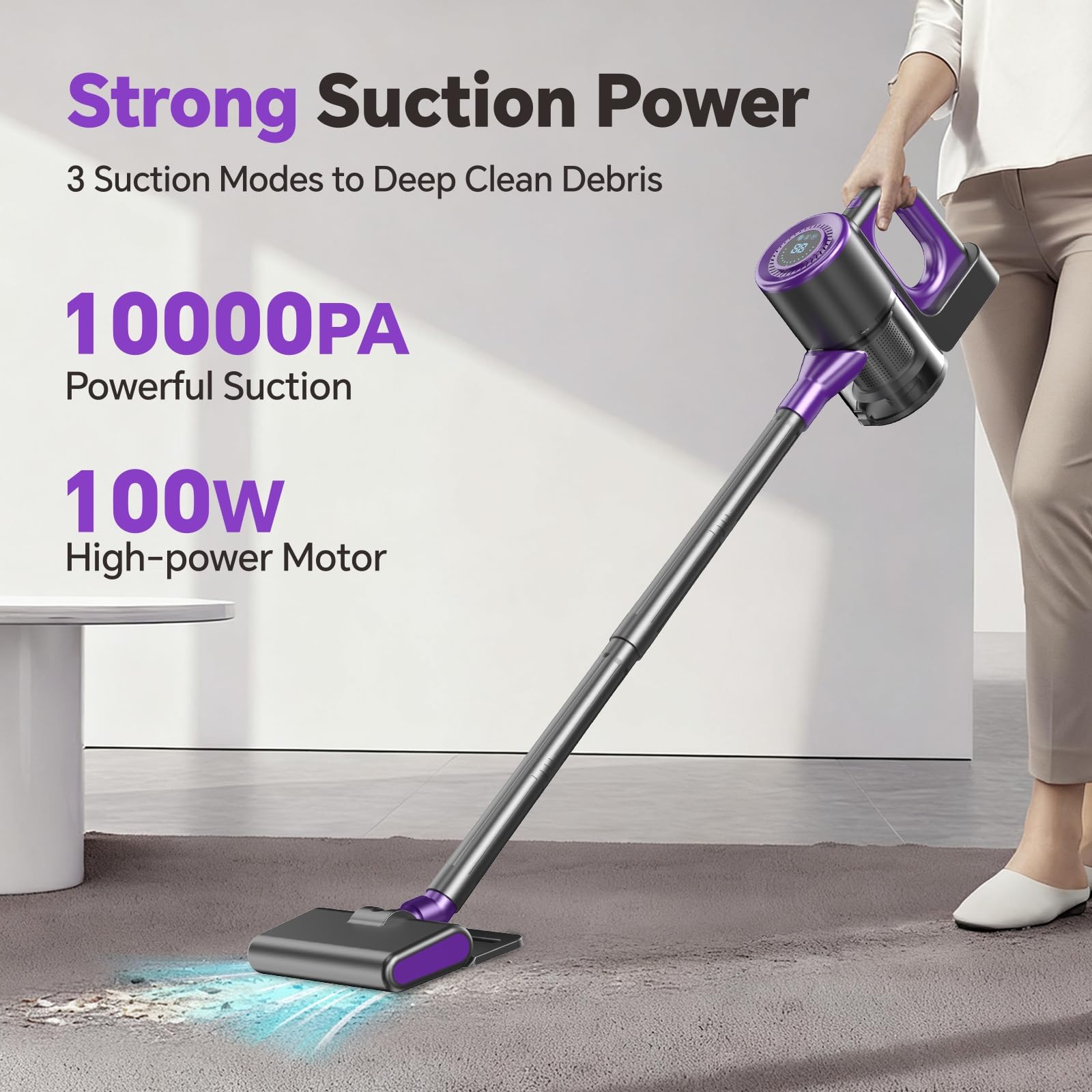 jkuoo cordless vacuum with 100w motor delivers strong suction for pet hair.