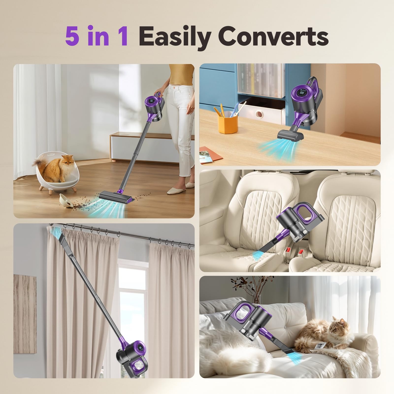 jkuoo 5-in-1 attachments reach crevices and upholstery easily.