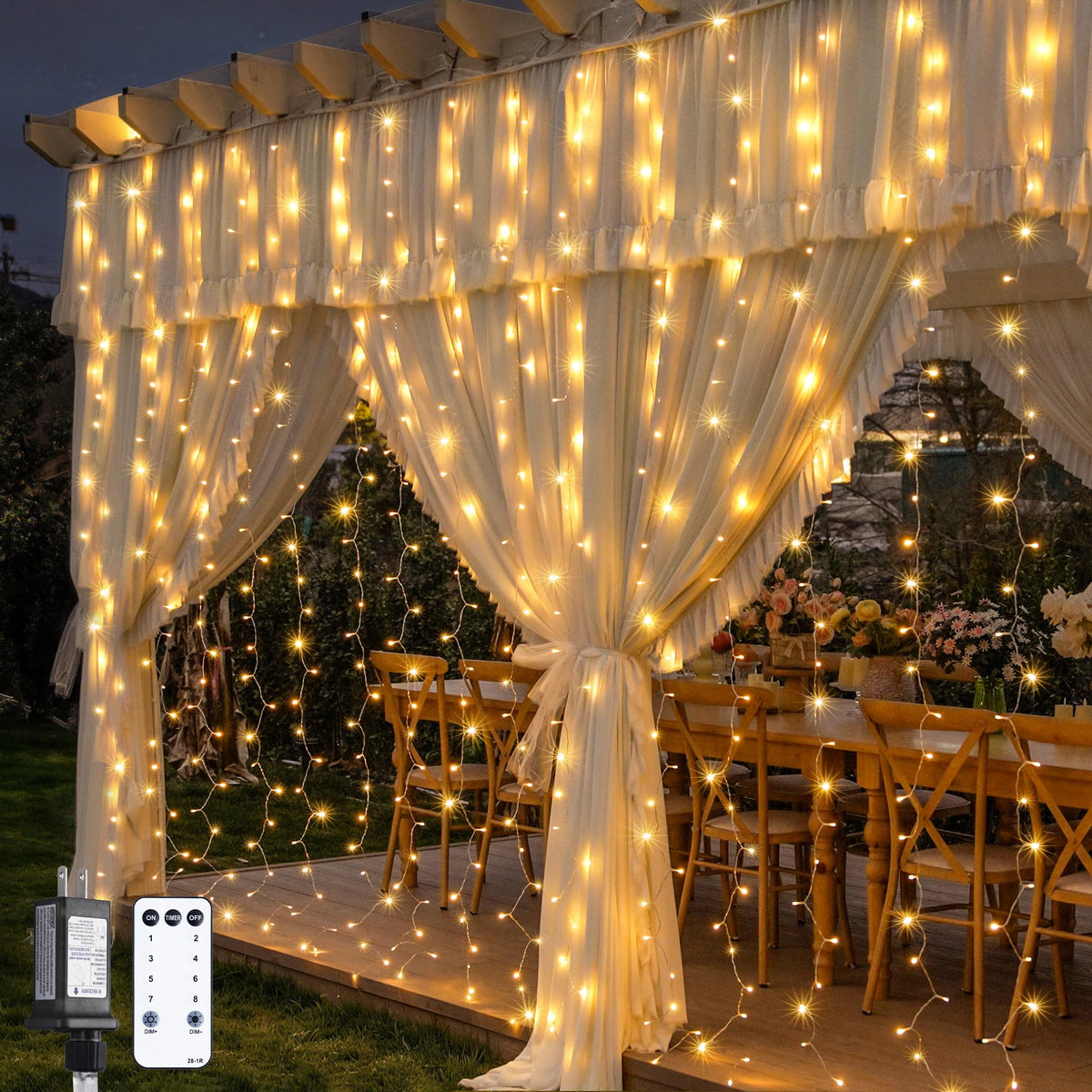 JMEXSUSS 600 LED curtain lights provide expansive coverage for large windows.