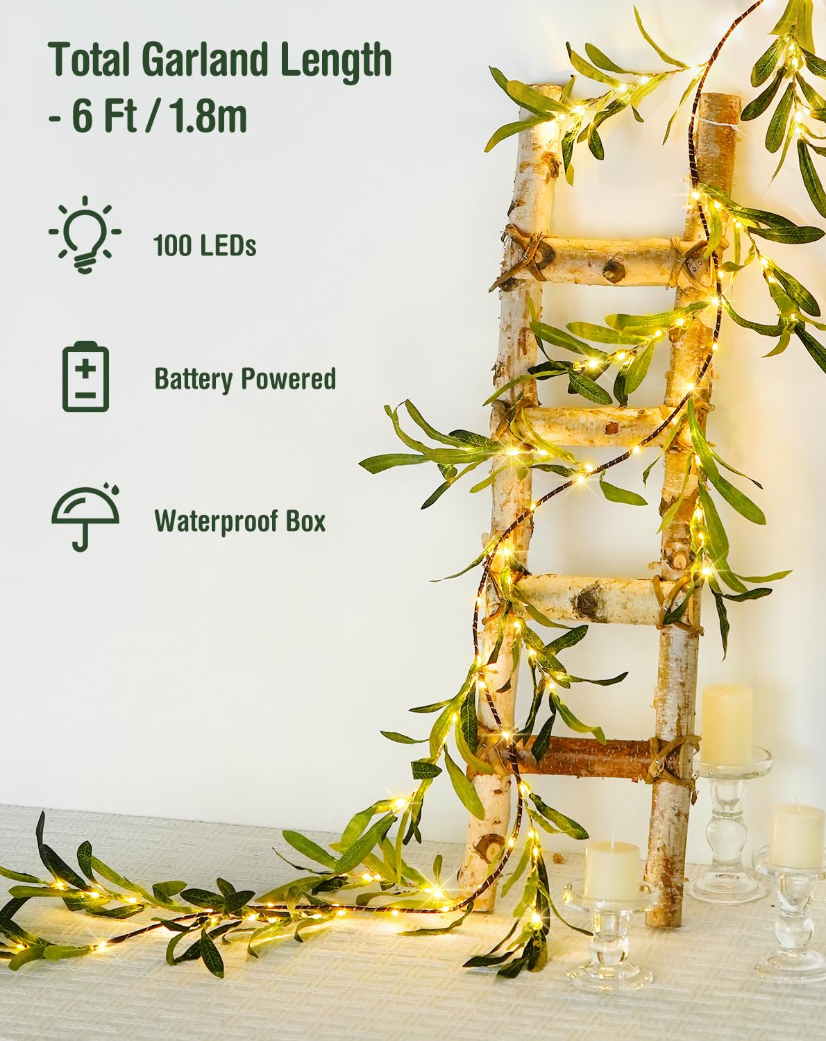 JMEXSUSS olive garland shaped along a wall creating a natural aesthetic