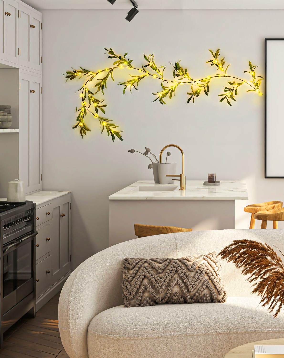 JMEXSUSS olive garland showcased as seasonal decor in living room