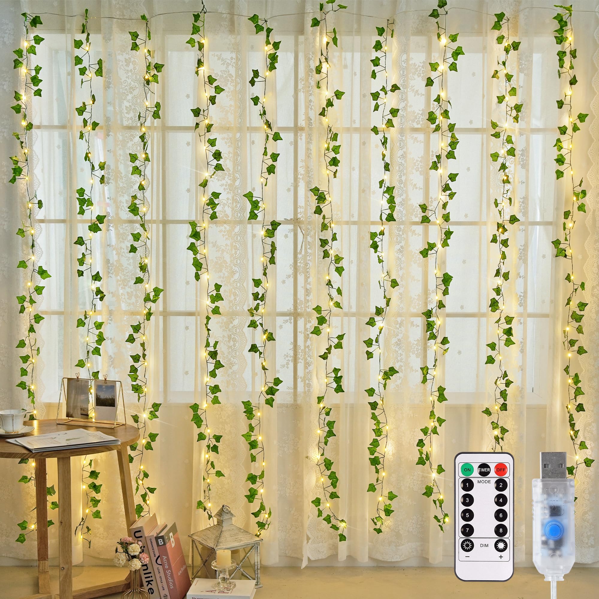 JMEXSUSS vines lights wall backdrop with lush greenery for a calming bedroom ambiance.