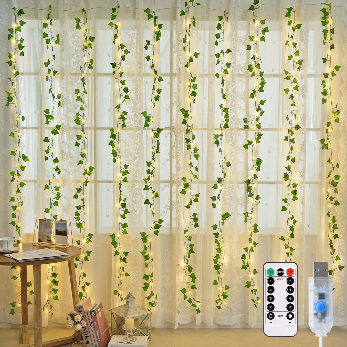 JMEXSUSS vines lights wall backdrop with lush greenery for a calming bedroom ambiance.