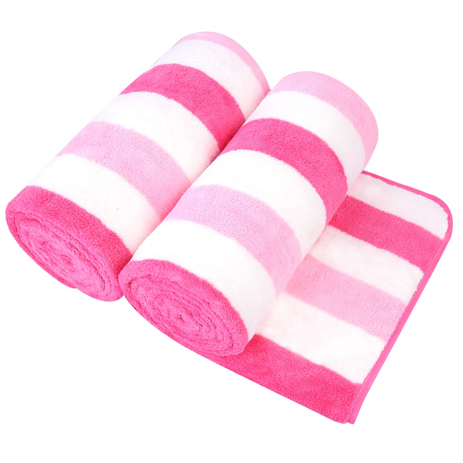 JML plush soft fleece towel 30x60 pink stripe on display, oversized comfort