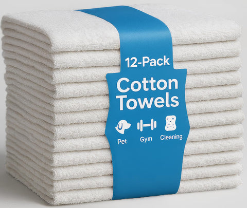 JMR White Bath Towels 12-pack full view for bulk hospitality use