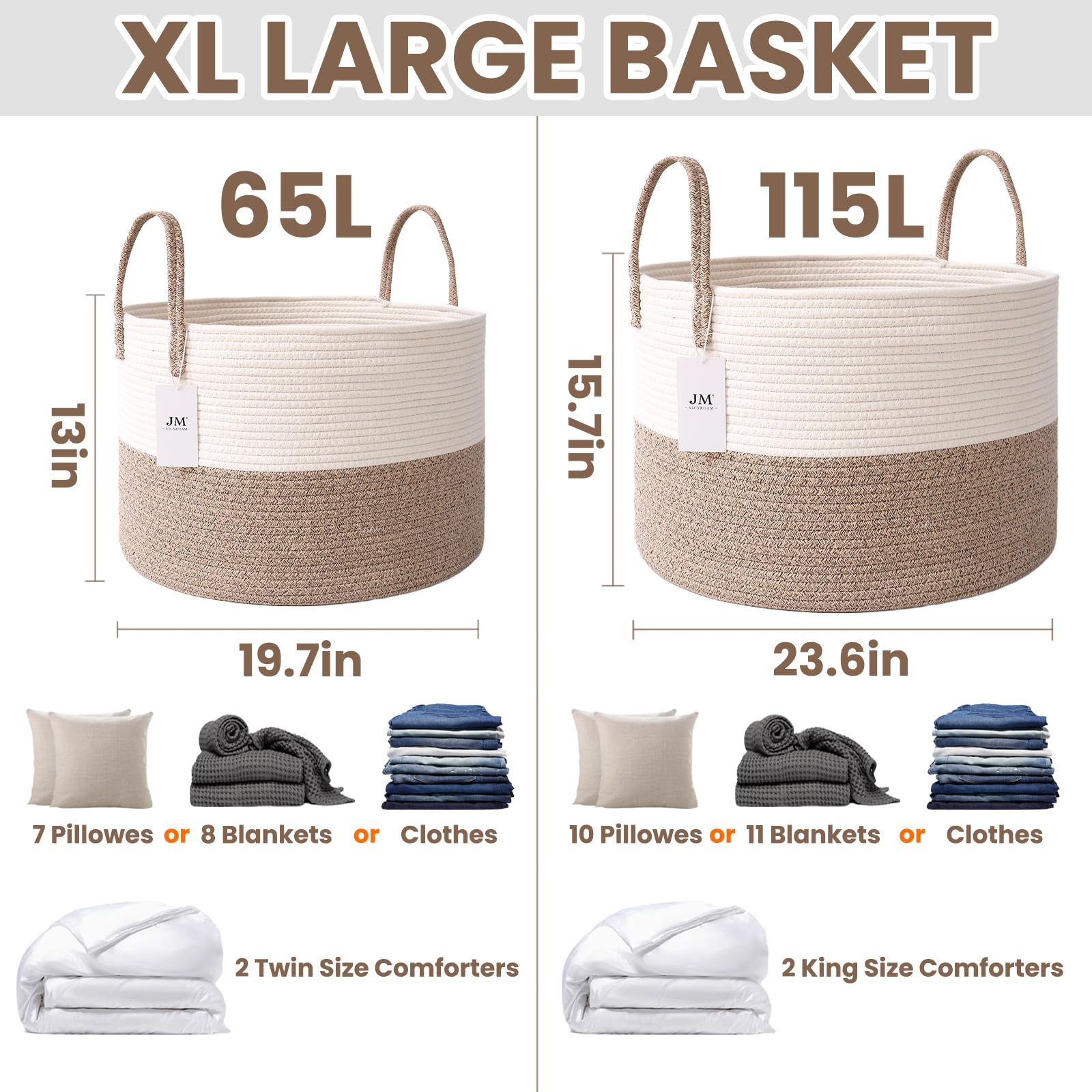 JMvicyroam 115L blanket basket filled with throws and pillows for an organized living space.