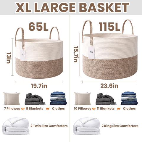 JMvicyroam 115L blanket basket filled with throws and pillows for an organized living space.