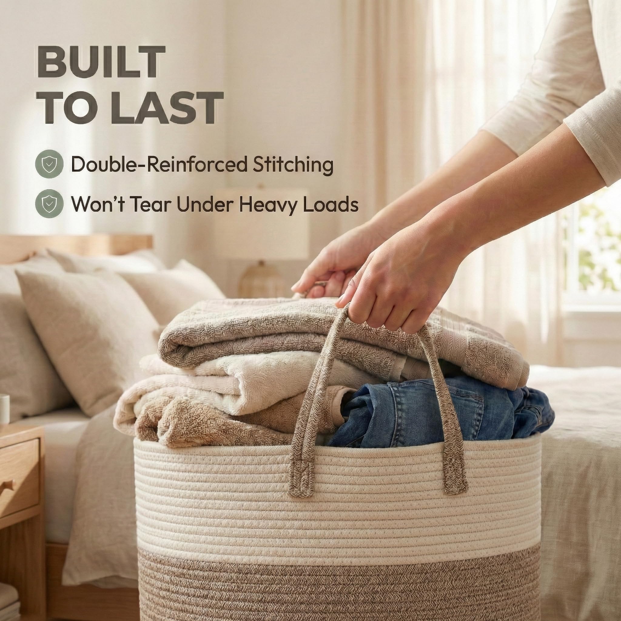 JMvicyroam blanket basket shown in a modern living room with white and brown decor.