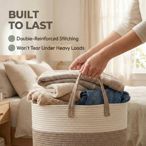 JMvicyroam blanket basket shown in a modern living room with white and brown decor.