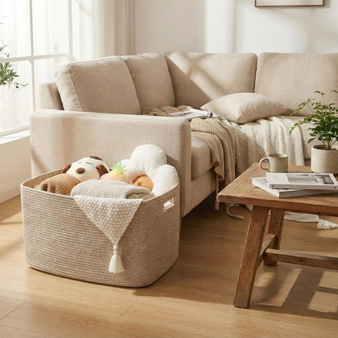 JMvicyroam rope basket with handles is easy to carry between rooms.