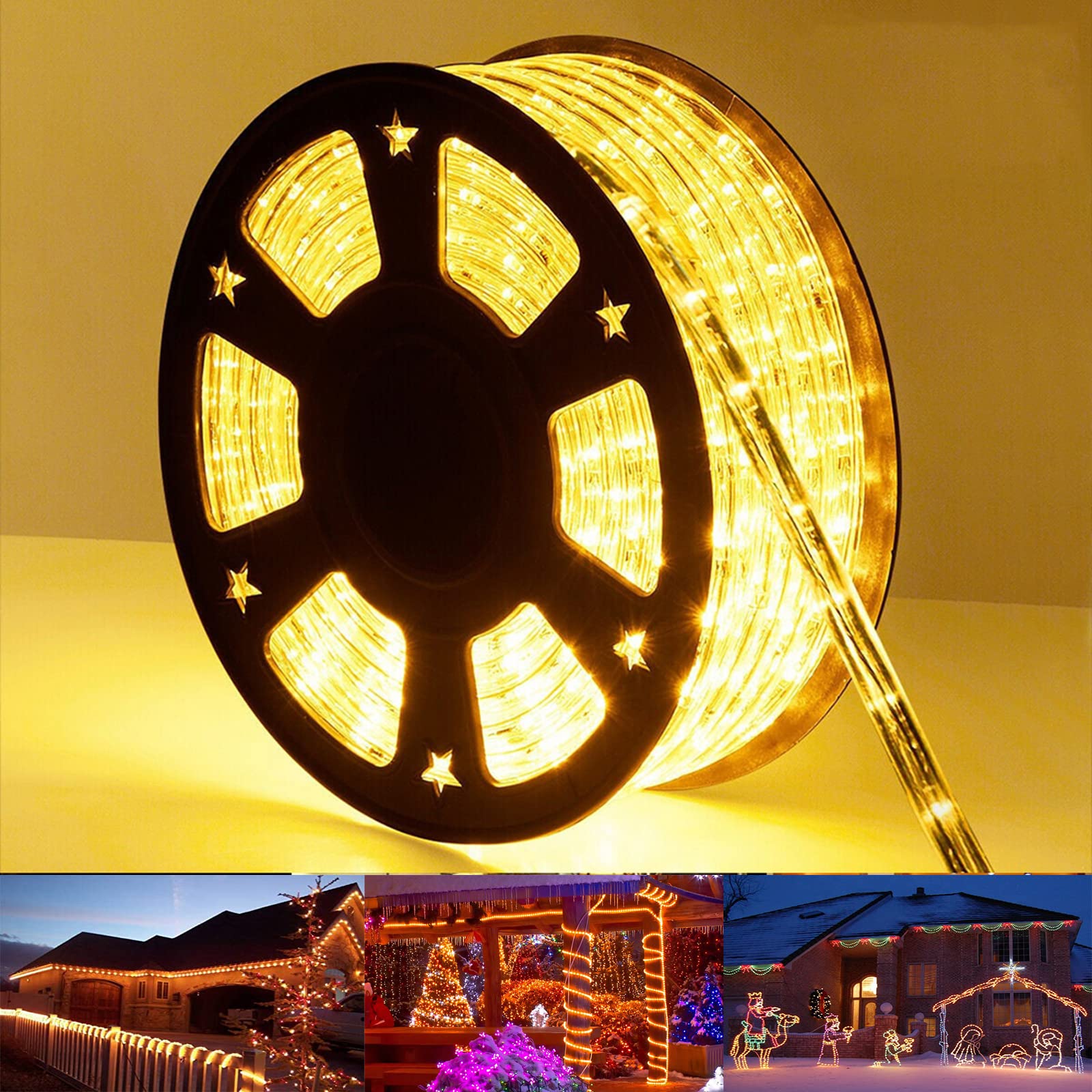 Jnaurb 100ft LED rope light outdoor tubing highlights flexible, durable decoration for gardens and patios.