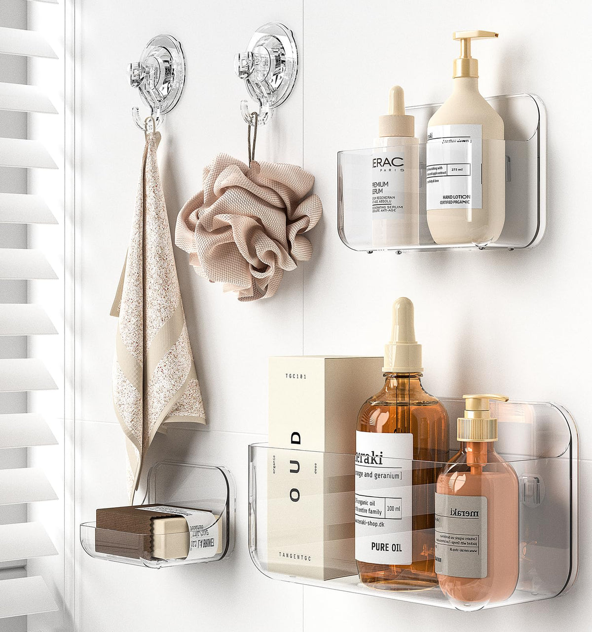 JNDETOP 5-pack shower shelves organize bathroom essentials in clear acrylic.