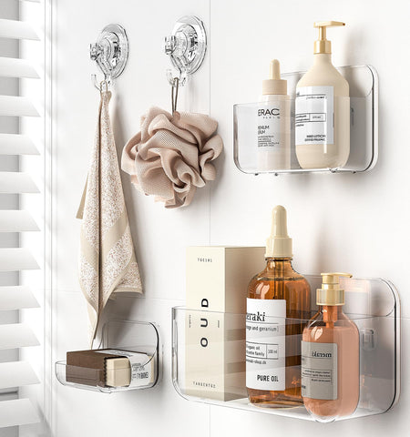 JNDETOP 5-pack shower shelves organize bathroom essentials in clear acrylic.