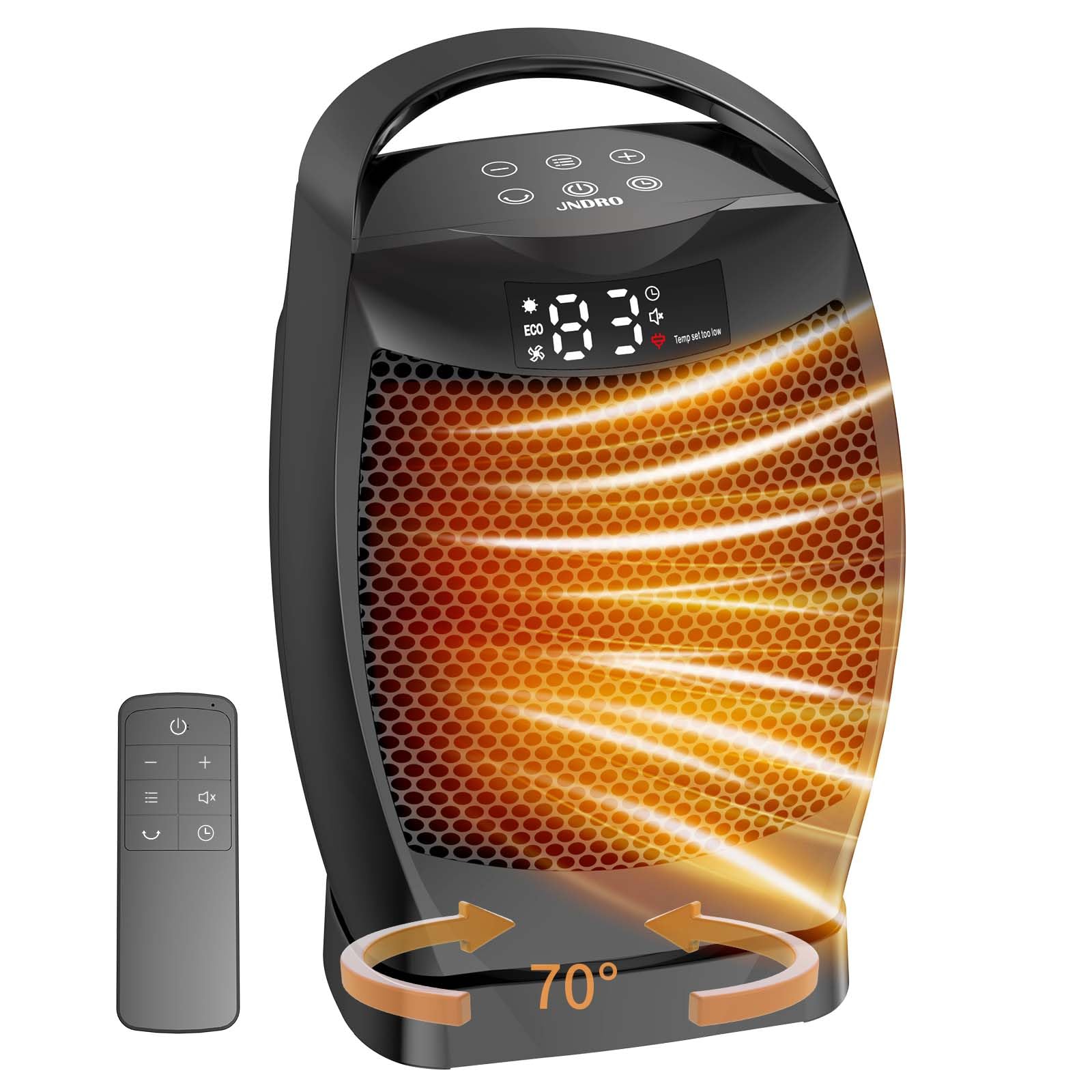 JNDRO portable heater showcasing compact design for easy room heating.