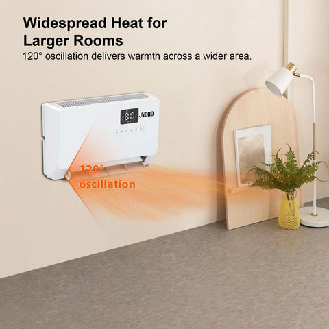 JNDRO heater with 120-degree oscillation for wide room coverage.