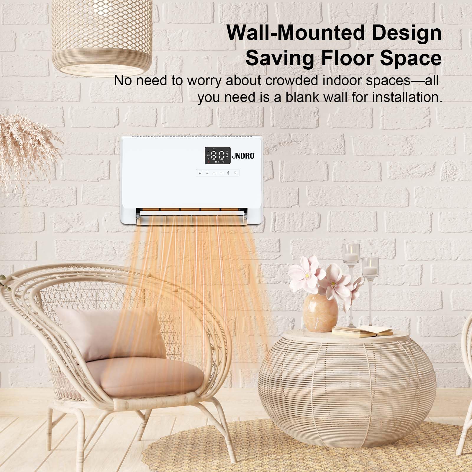 JNDRO heater showing 60-degree oscillation for targeted room warming.