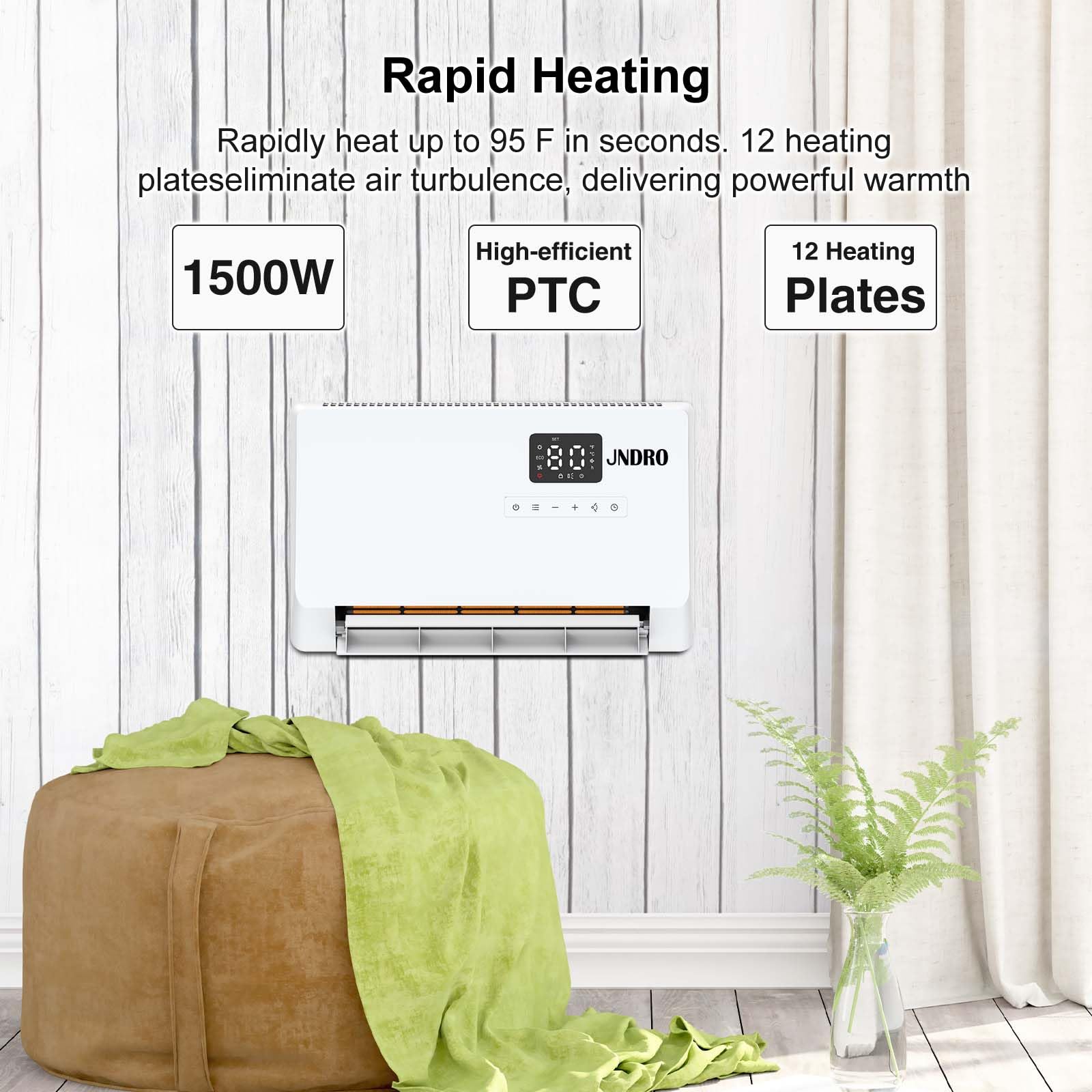 JNDRO heater remote control and LED display for easy temperature and timer adjustments.