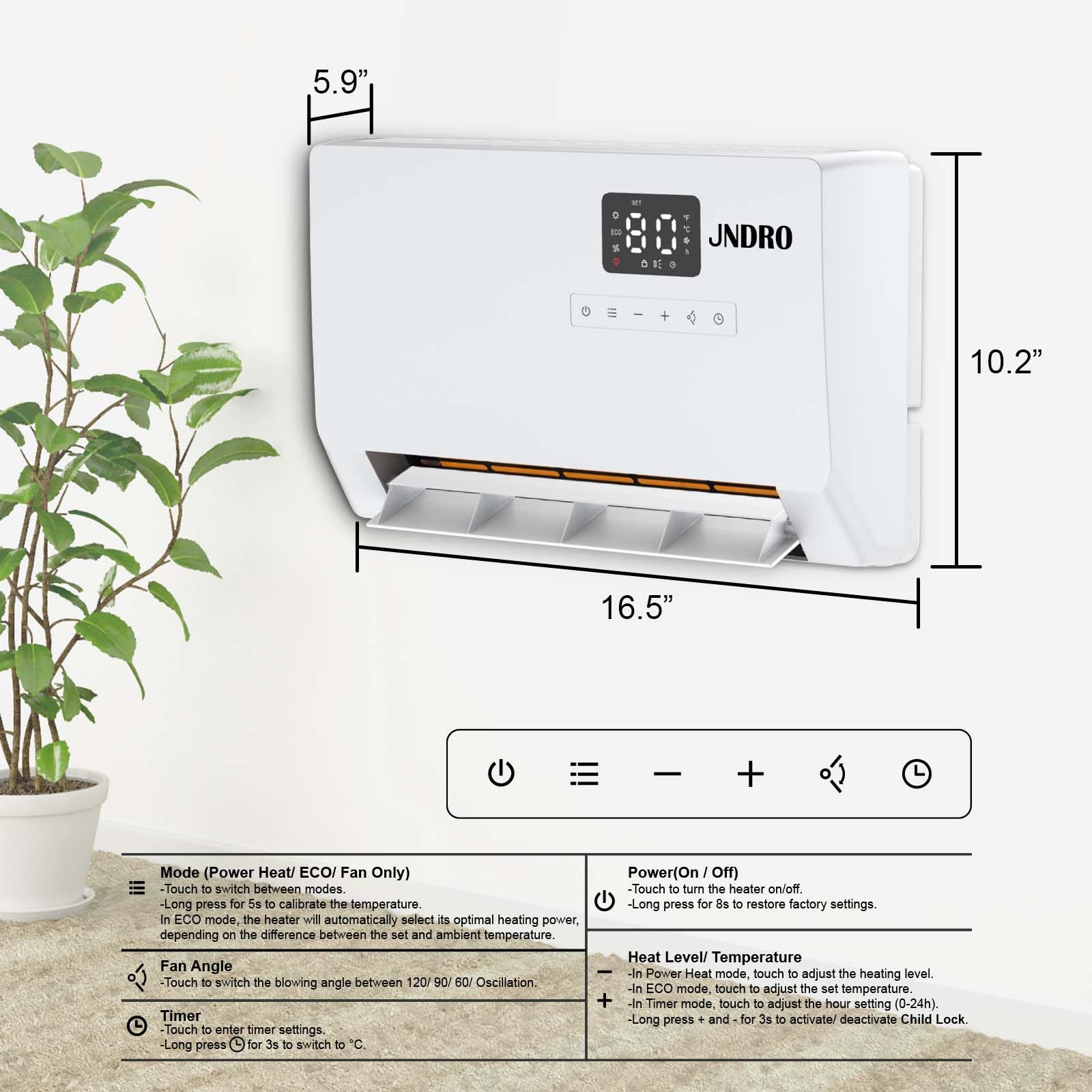 JNDRO space heater timer function enabling smart daily scheduling.