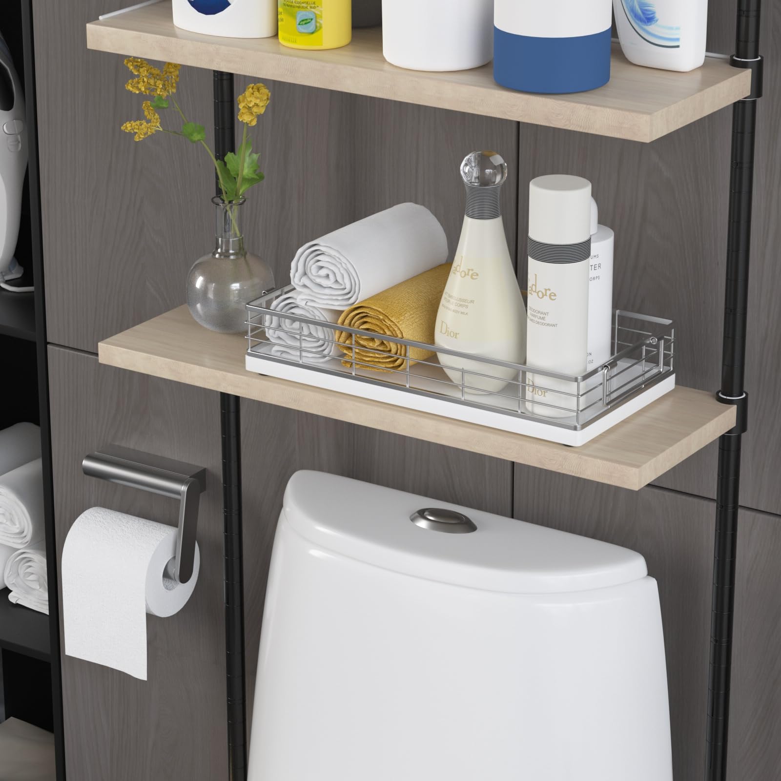 JNFUZ bathroom storage basket in white finish adds subtle elegance.