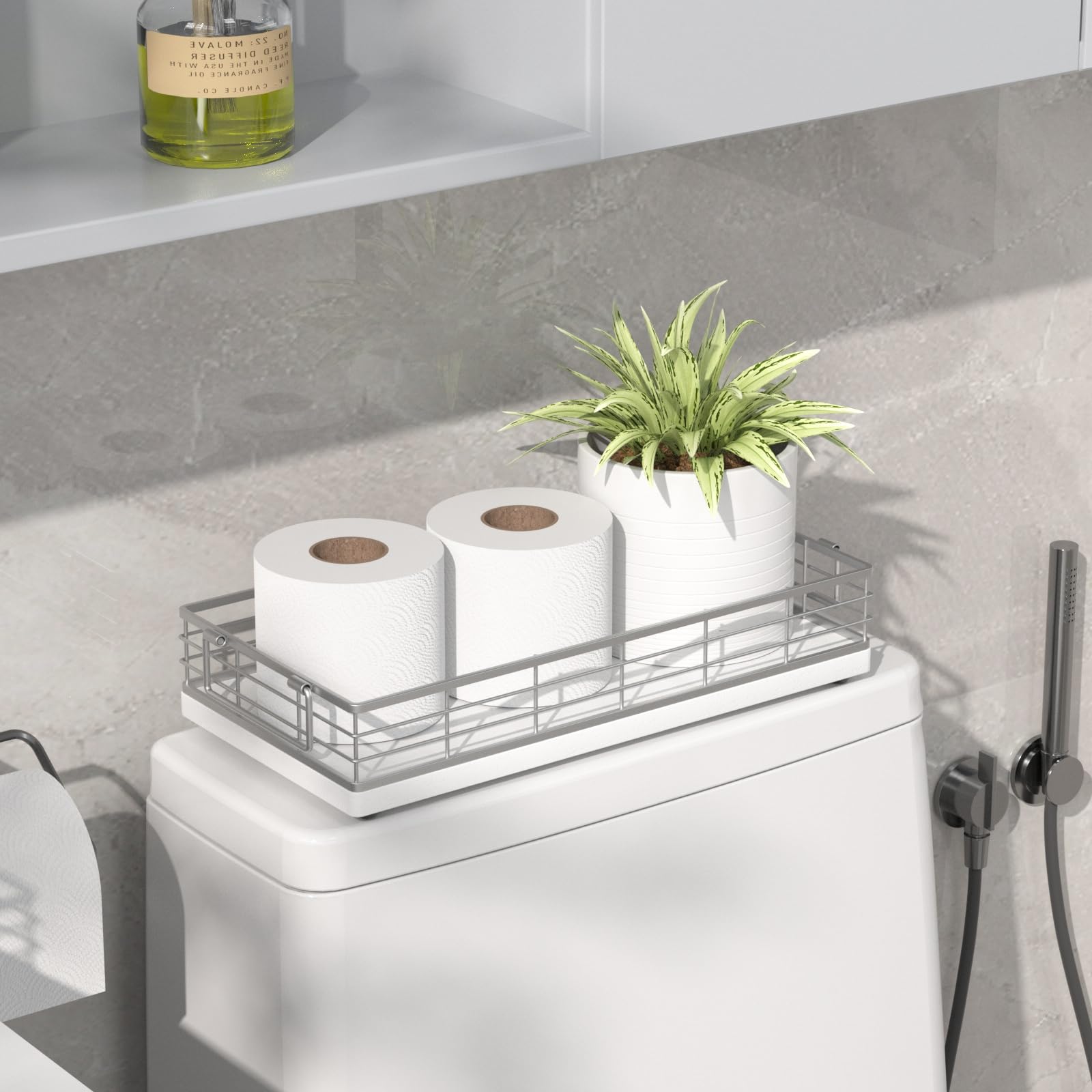JNFUZ toilet tank top organizer with anti-slip base prevents movement.