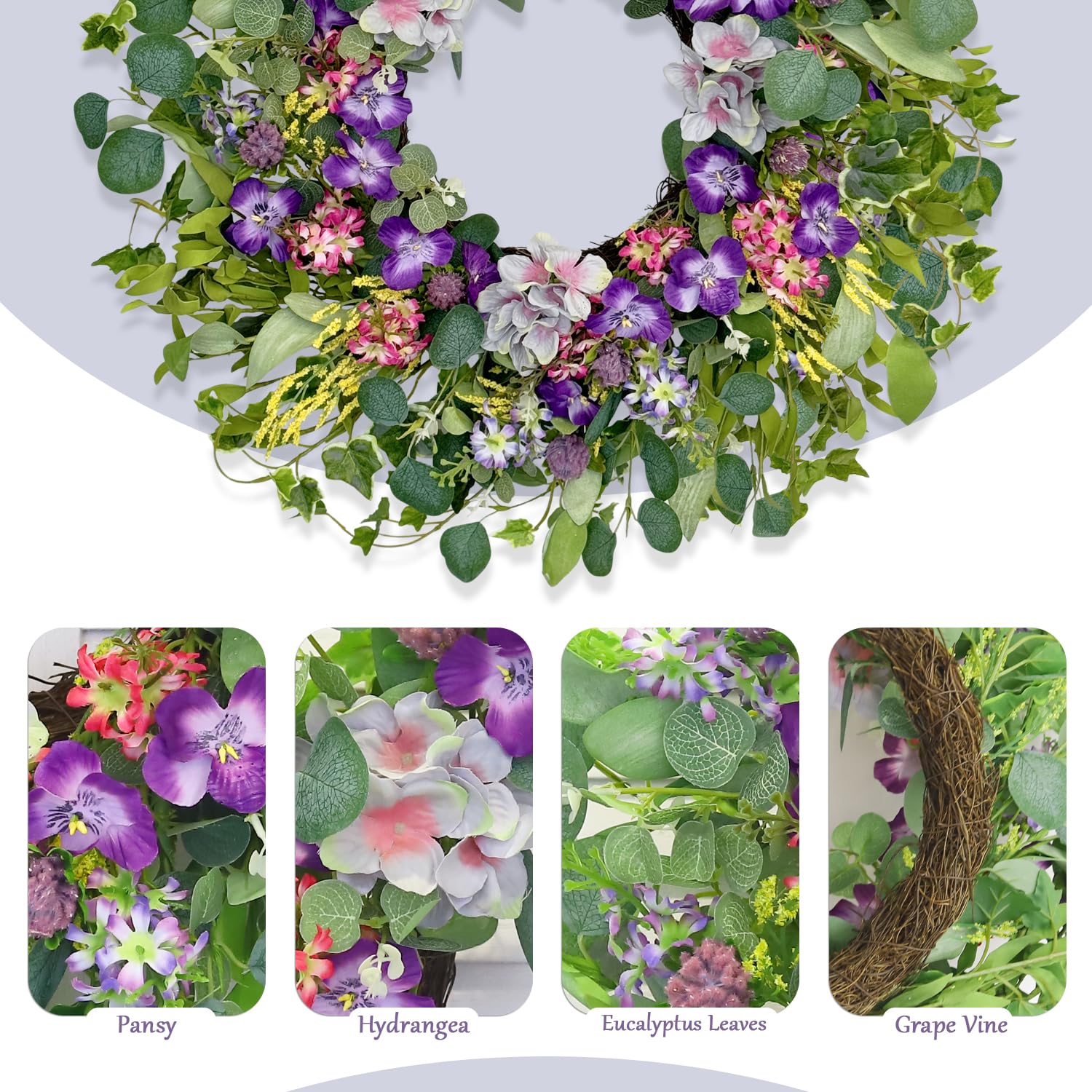 Closeup of Jobflower purple wildflowers wreath showing lifelike petals and greenery