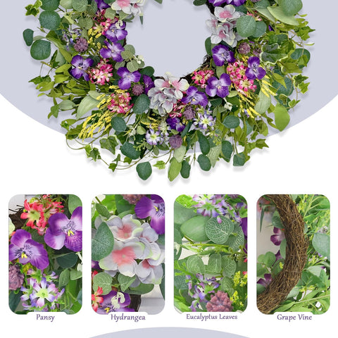 Closeup of Jobflower purple wildflowers wreath showing lifelike petals and greenery
