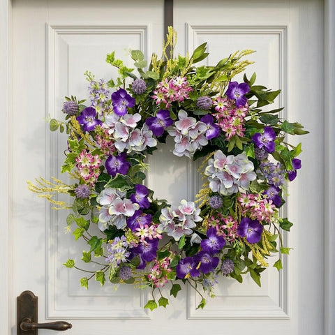 Jobflower 24-inch purple spring wreath on front door enhances curb appeal with vibrant wildflowers