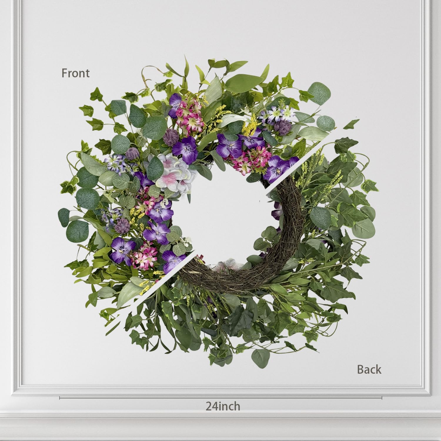 Jobflower wreath displayed on front door for porch and entryway decor