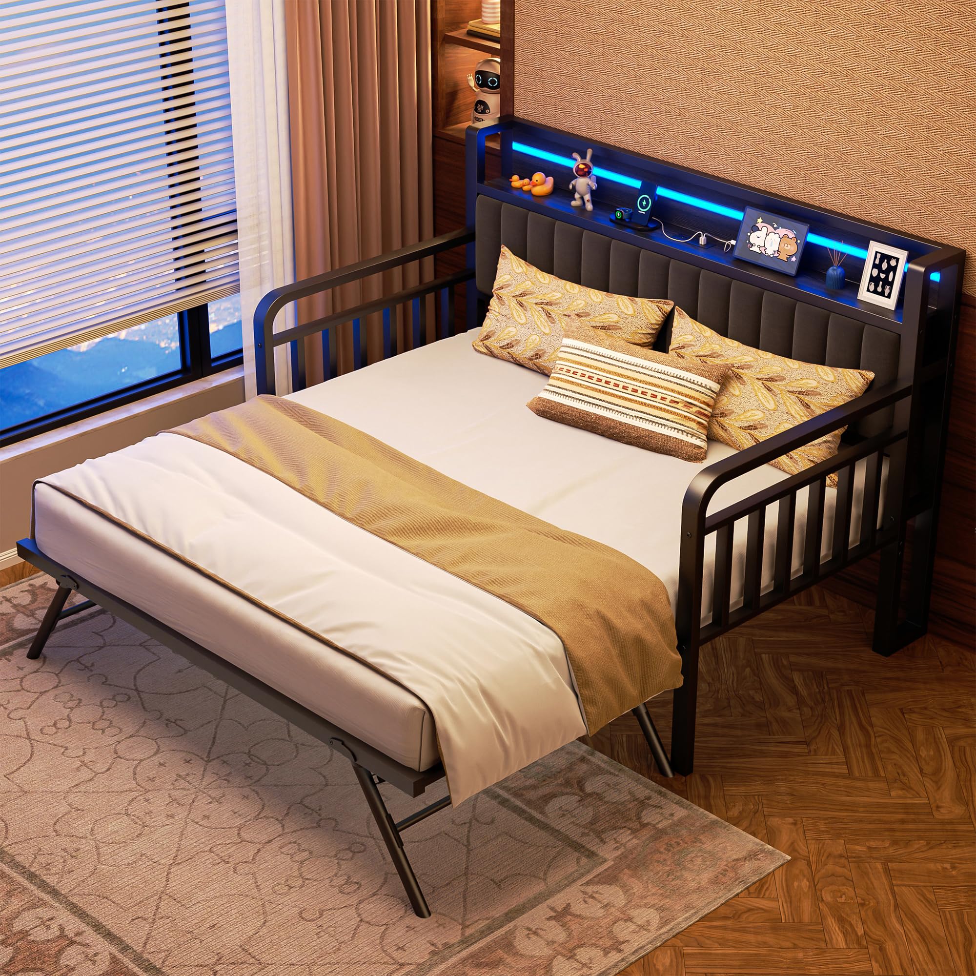 Jocoevol daybed configured as two twin beds demonstrates versatile sleeping options.