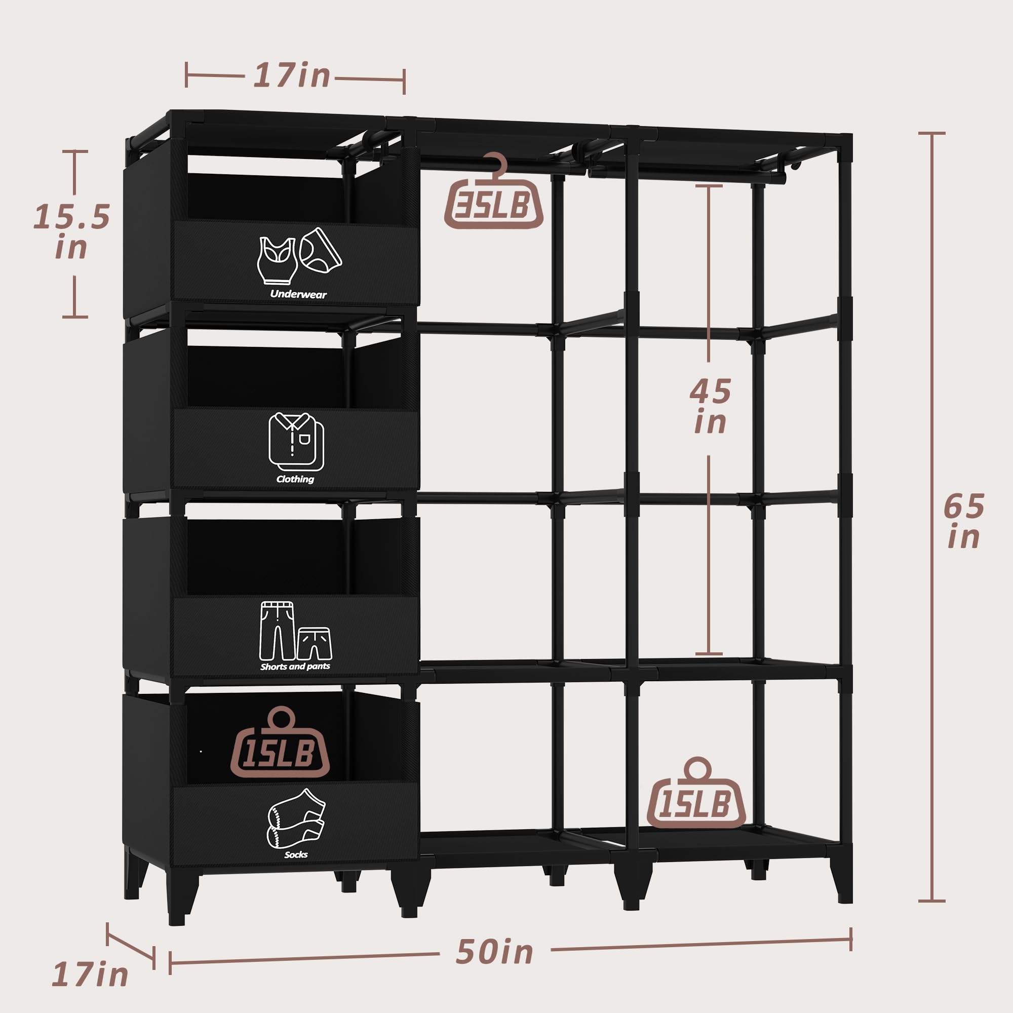 Jofuler wardrobe includes shelves and baskets for organized outfits.