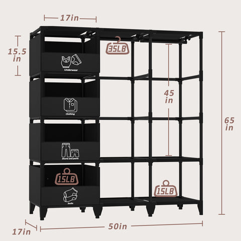 Jofuler wardrobe includes shelves and baskets for organized outfits.