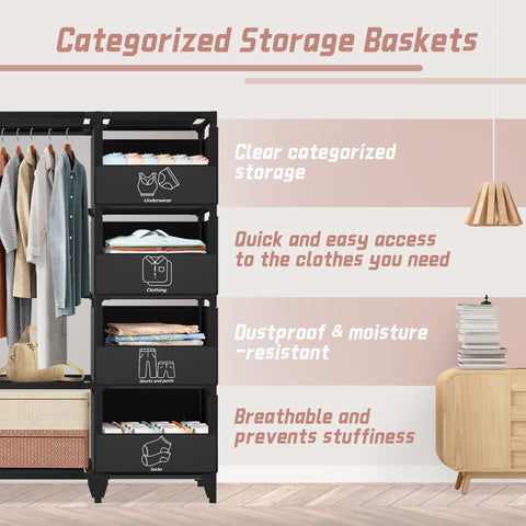 Jofuler closet with labeled storage baskets for quick finds.