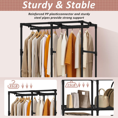 Jofuler wardrobe shows two hanging rods and shelves for organization.