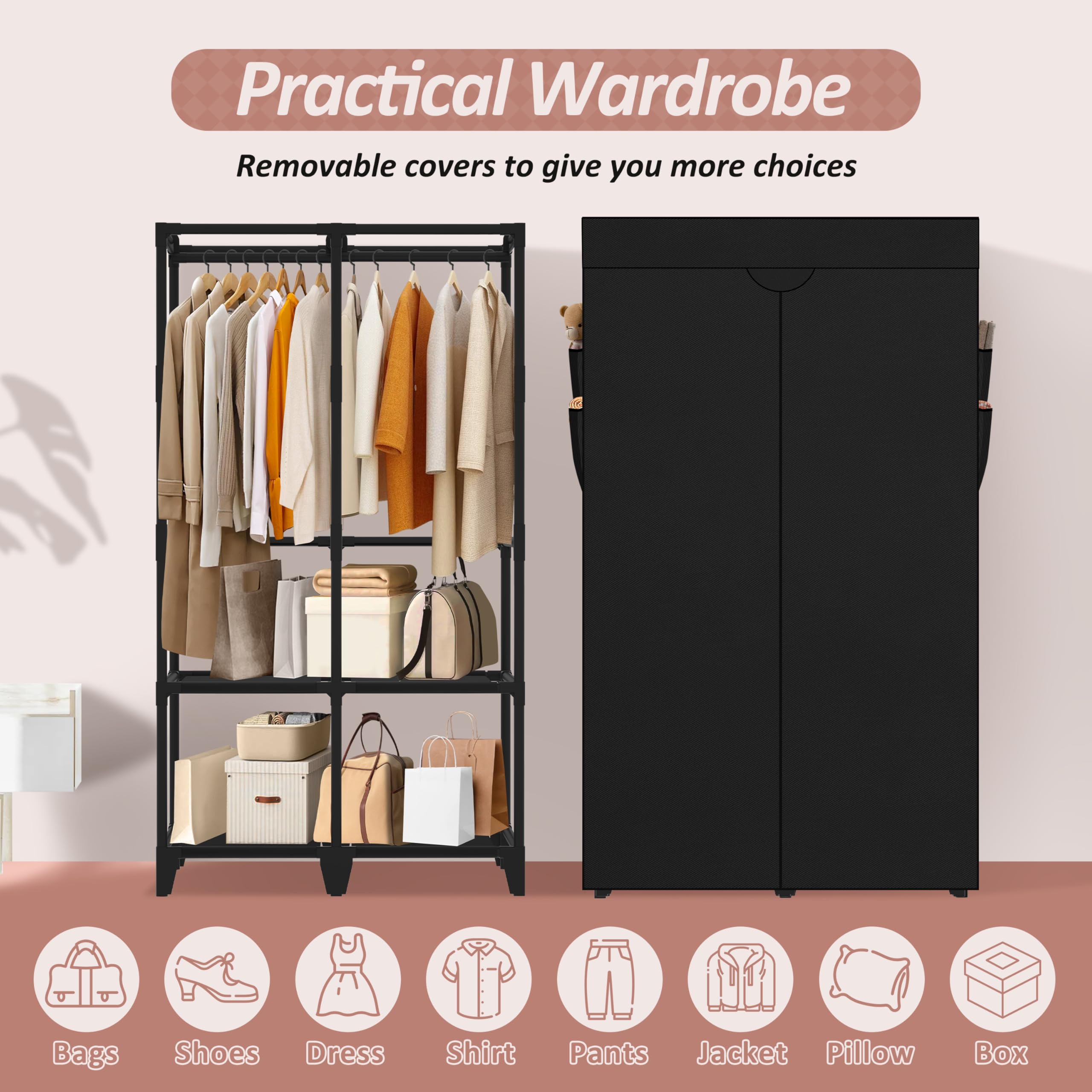 Jofuler wardrobe shelves and pockets optimize space for small items.