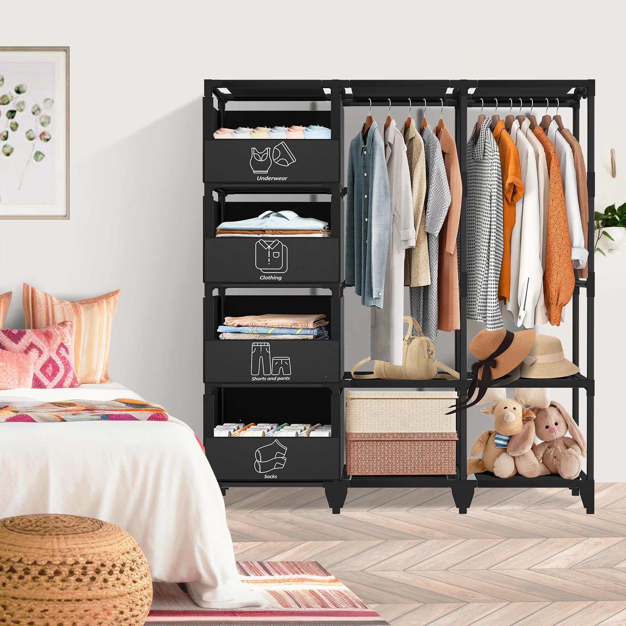 Jofuler wardrobe features sturdy 16mm pipes for durable storage.