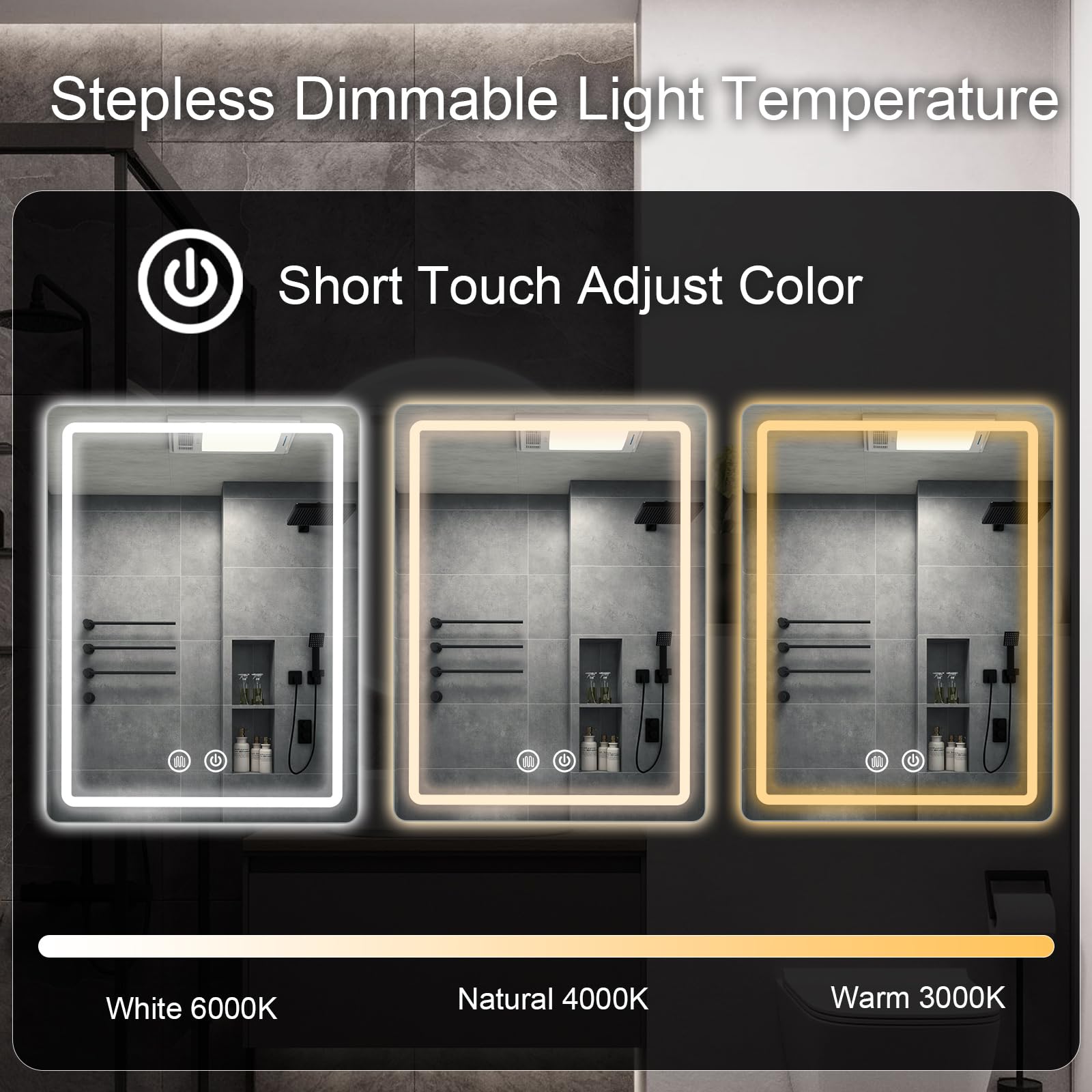 JOHALXER wall-mounted mirror with dimmable lighting for customized ambiance.