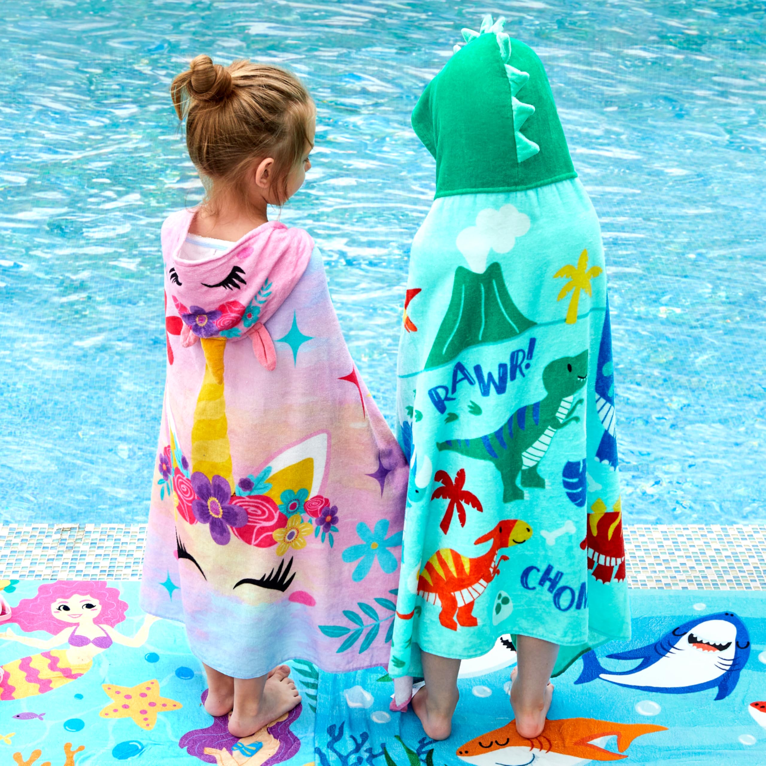 Joiedomi dinosaur hooded towel in bright colors, ideal gift for kids.
