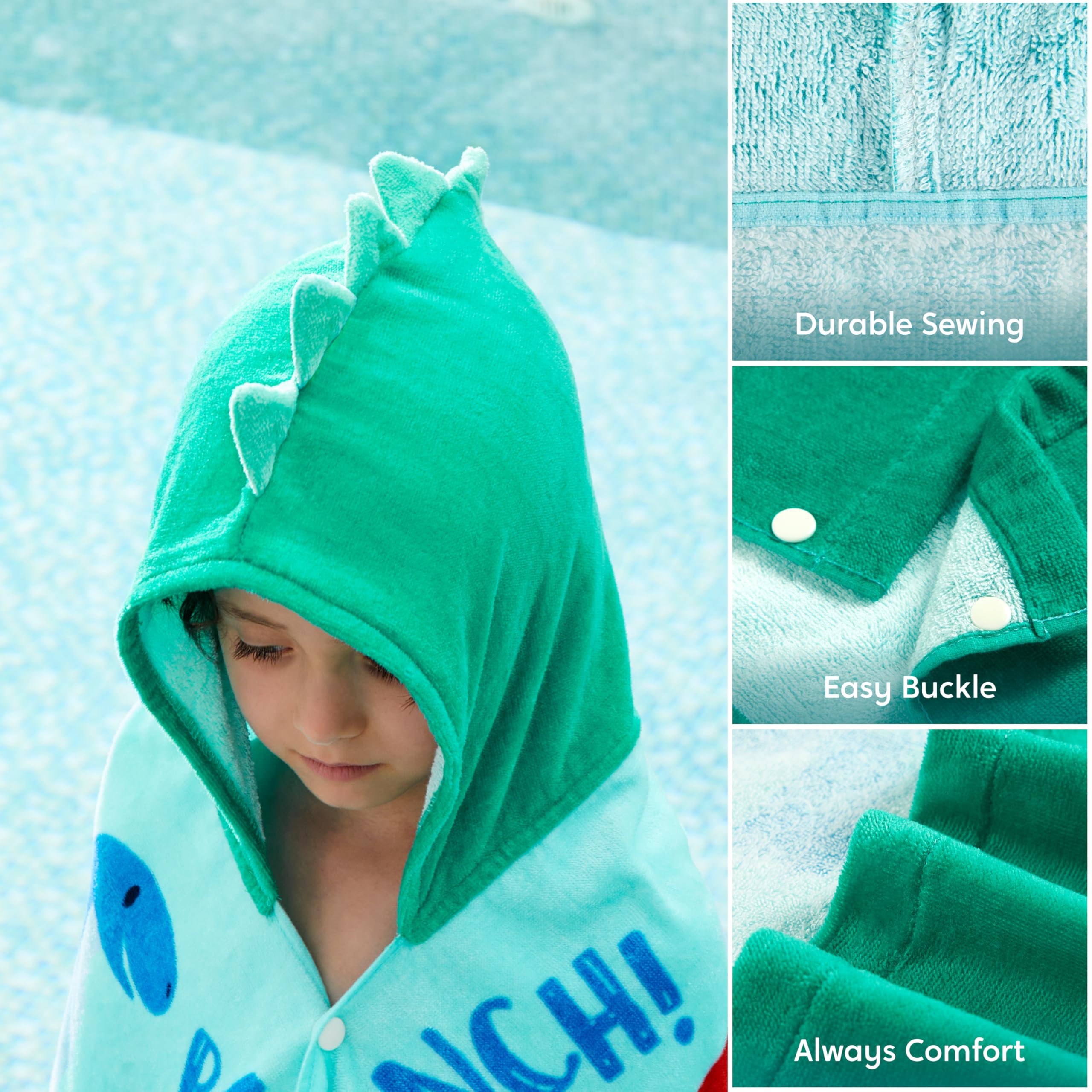 Joiedomi dinosaur hooded towel by the pool, absorbent after swim time.