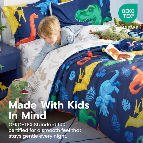 Joiedomi flat sheet features bright dinosaur design for vibrant bedrooms.