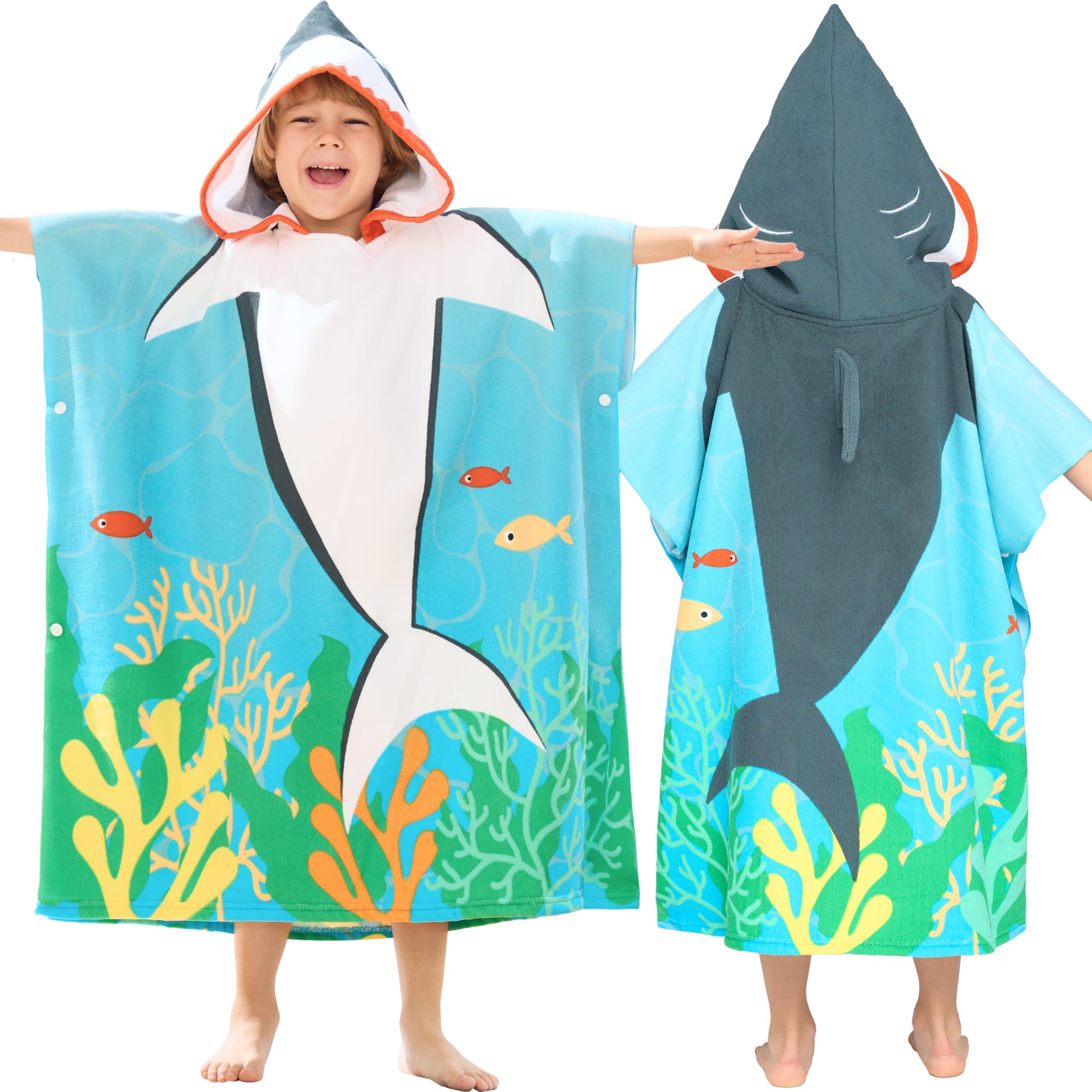 Joiedomi shark hooded towel dries quickly after swimming and keeps kids warm on the beach.
