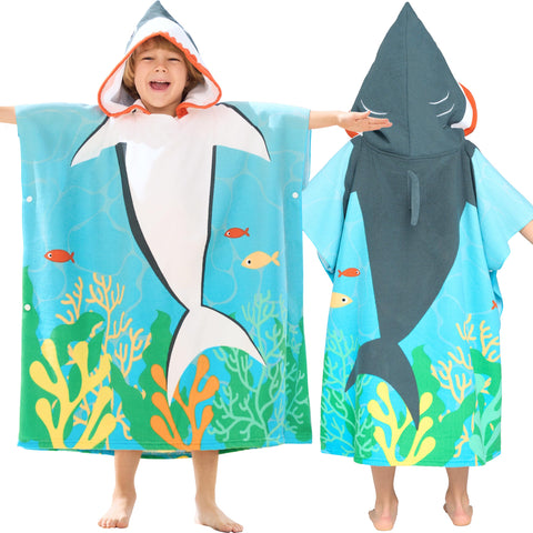 Joiedomi shark hooded towel dries quickly after swimming and keeps kids warm on the beach.