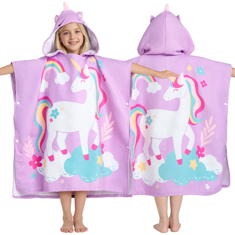Joiedomi kids hooded towel with purple unicorn design, fast drying for bath and beach.