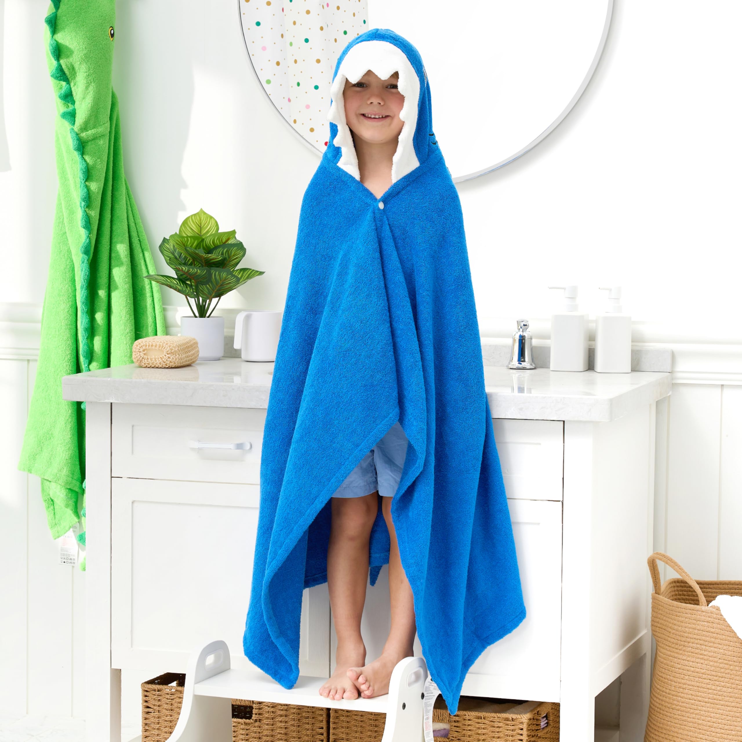 Joiedomi Shark Hooded Towel close-up of hood and double-button design for easy dressing.