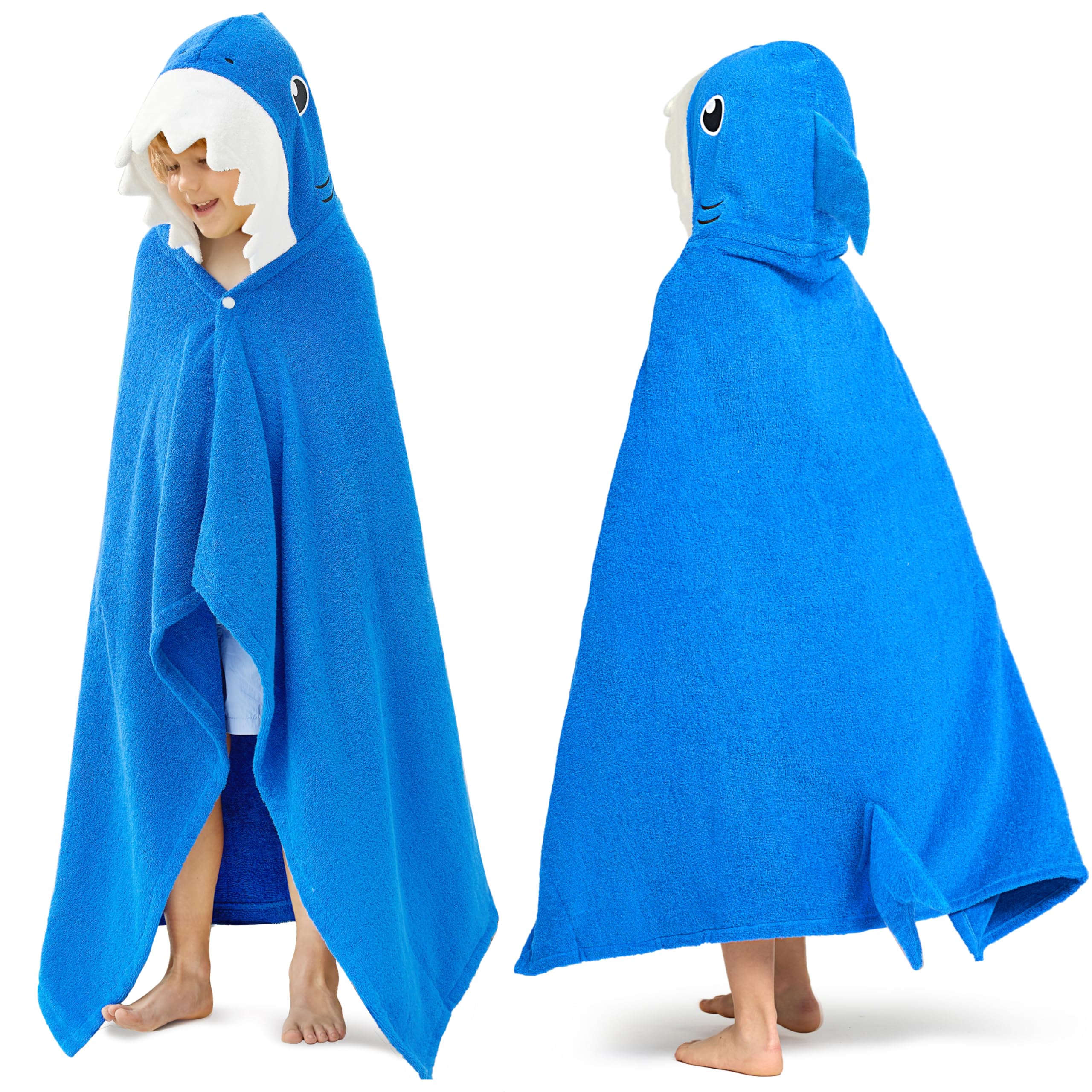 Joiedomi Shark Hooded Towel on a child after swimming, absorbent and cozy.