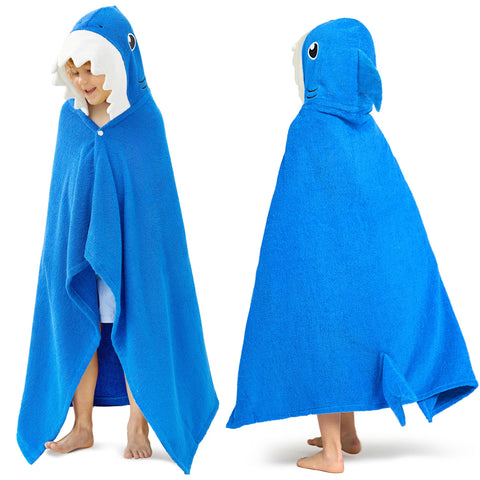 Joiedomi Shark Hooded Towel on a child after swimming, absorbent and cozy.
