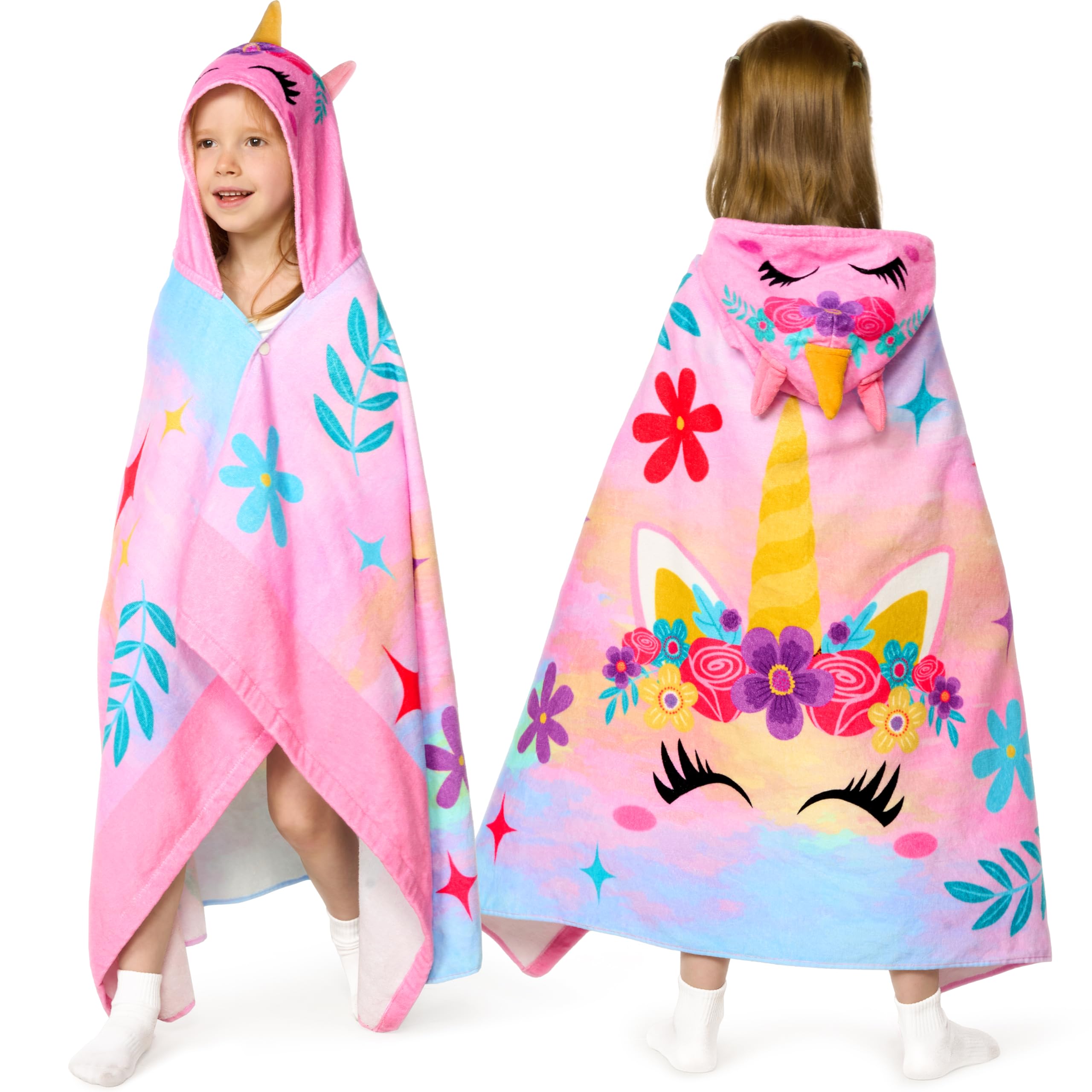 Joiedomi Unicorn Hooded Towel at the beach scene, absorbs water quickly for active kids.