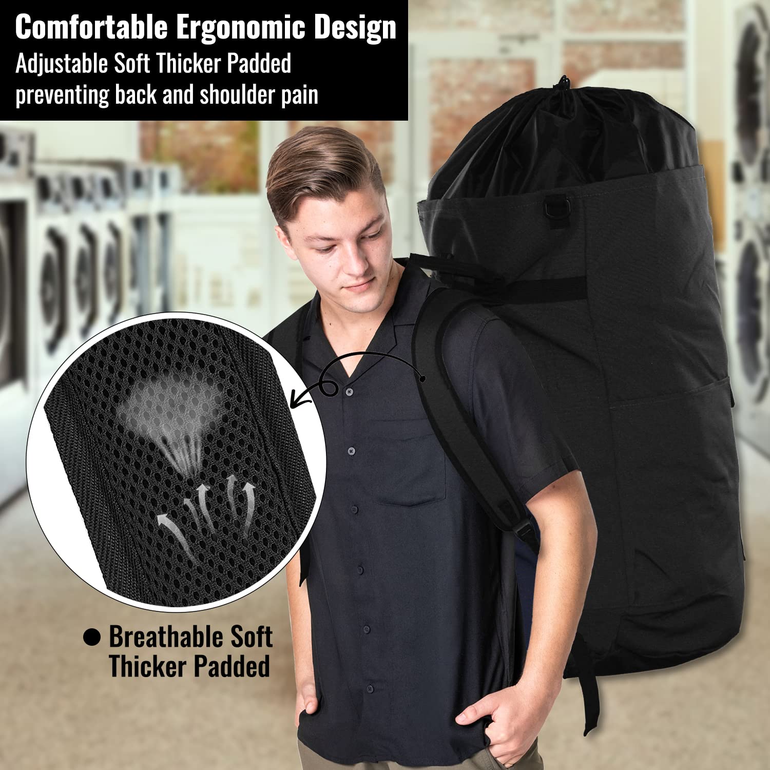 JOINPRO backpack carried on stairs shows versatile, hands-free laundry transport.