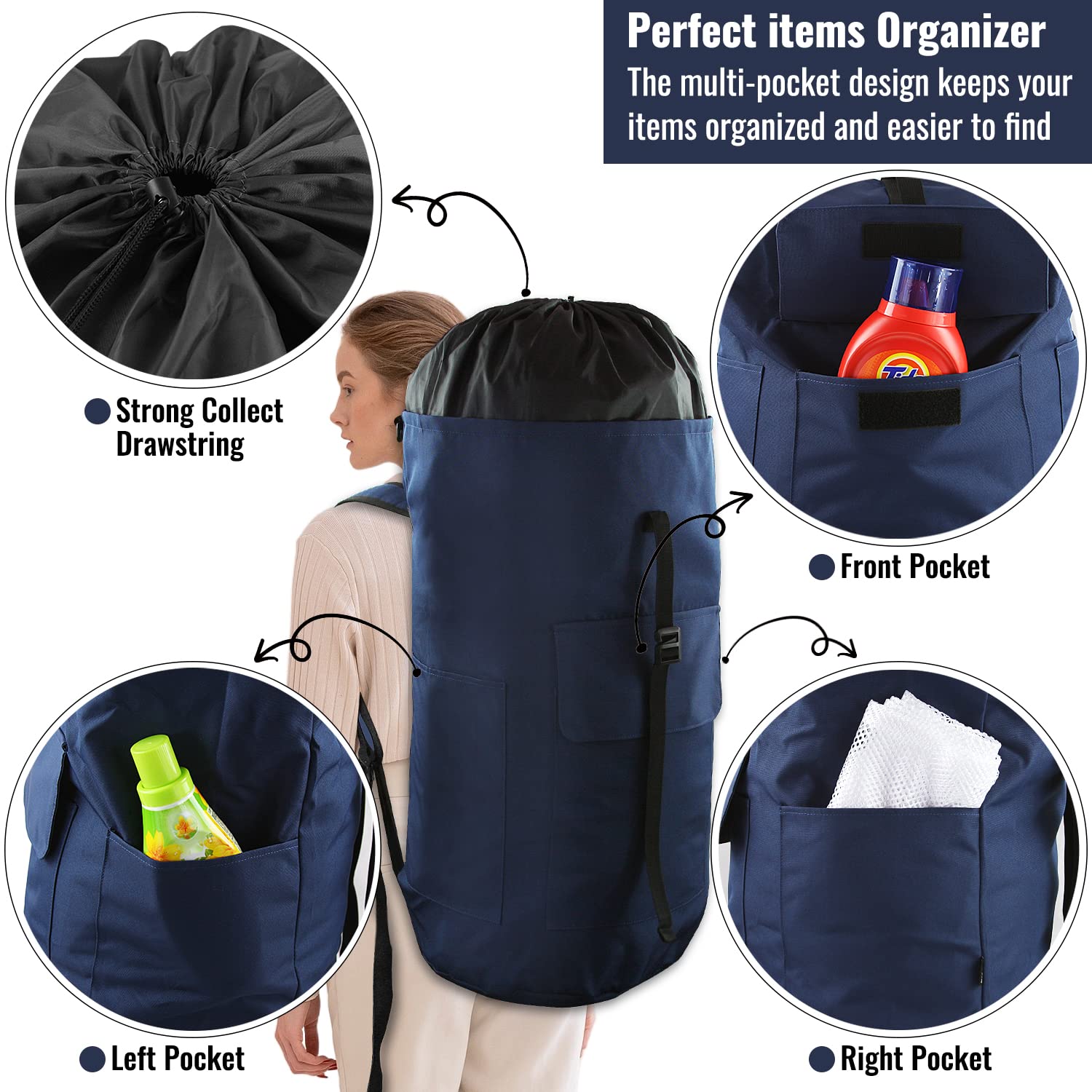 JOINPRO outer pockets for detergent, keys, and cards help keep essentials organized.