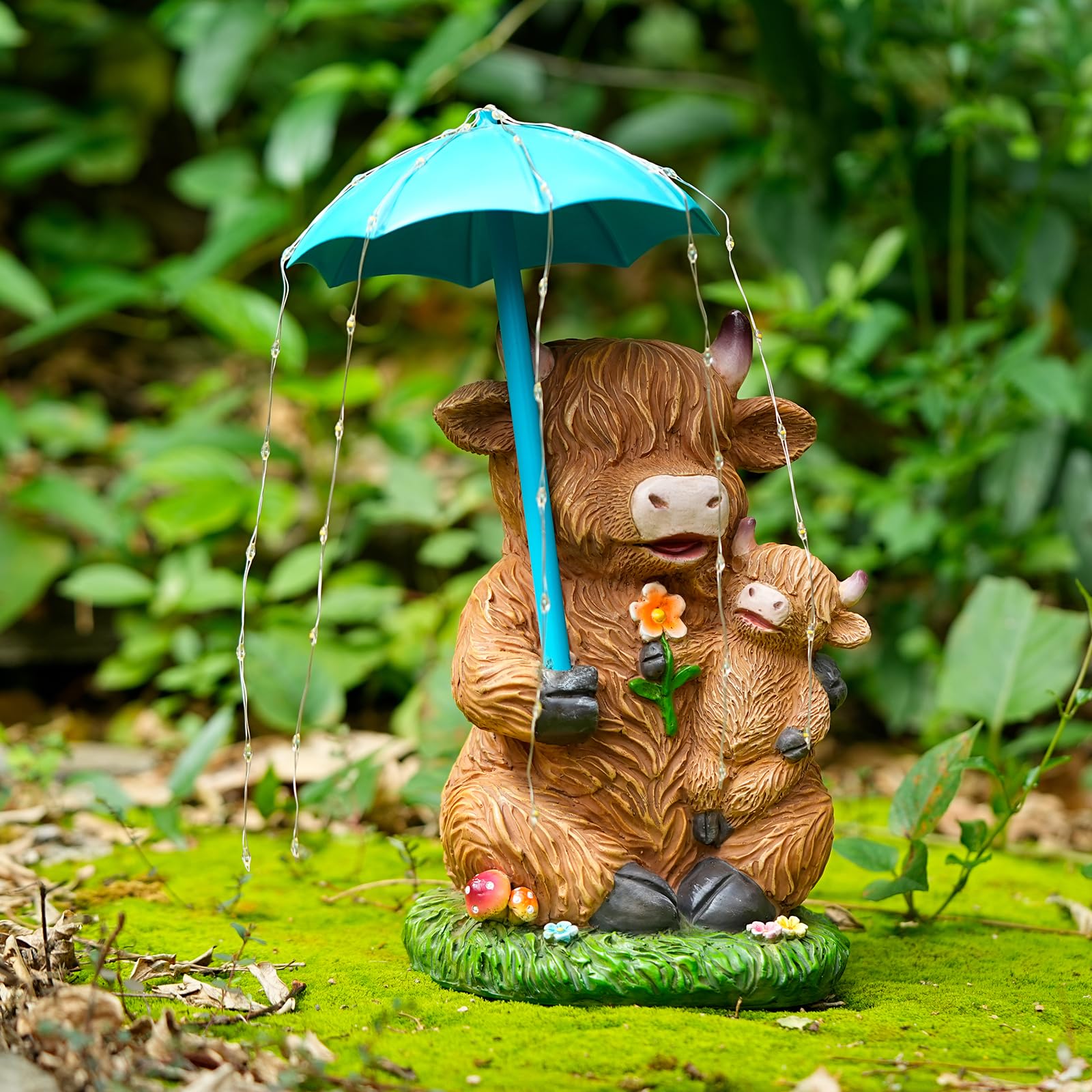 Joint Honglin mother and calf Highland cow figure under umbrella lights for outdoor charm.